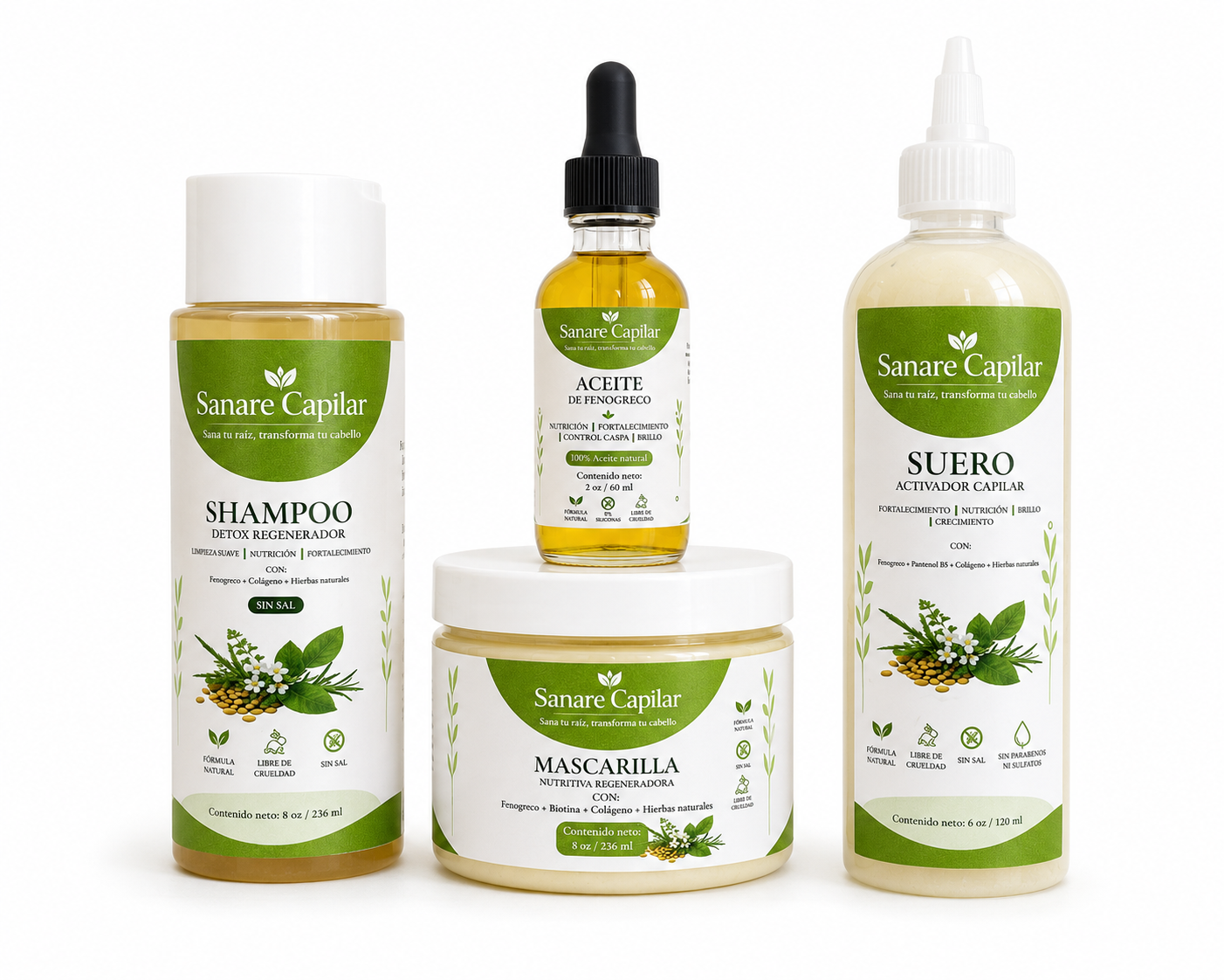 Línea completa Fenogreco de Sanare Capilar: Shampoo, Aceite, Mascarilla y Suero